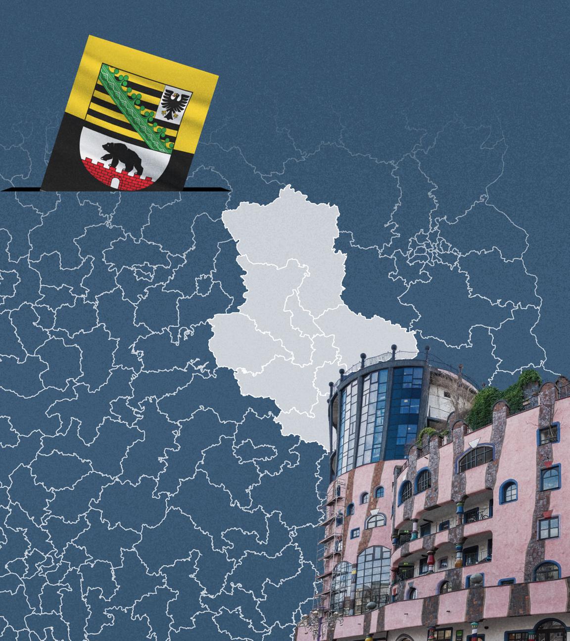 Foto von der Grünen Zitadelle Magdeburg, davor eine Wahlkreis-Karte von Sachsen-Anhalt und die Flagge