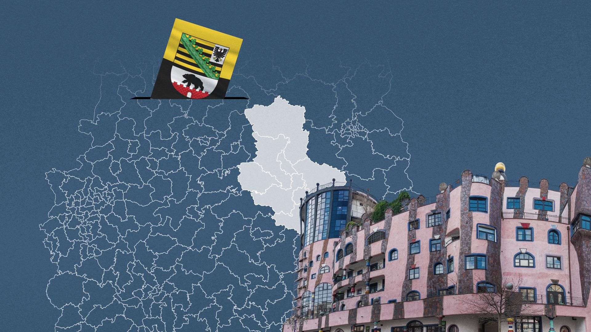 Foto von der Grünen Zitadelle Magdeburg, davor eine Wahlkreis-Karte von Sachsen-Anhalt und die Flagge