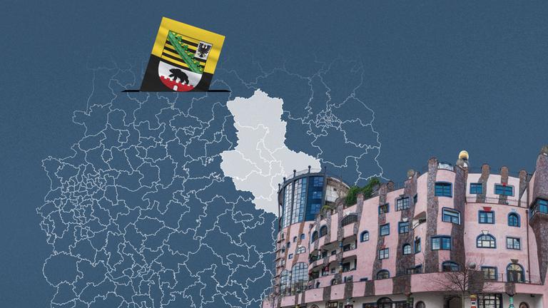 Foto von der Grünen Zitadelle Magdeburg, davor eine Wahlkreis-Karte von Sachsen-Anhalt und die Flagge