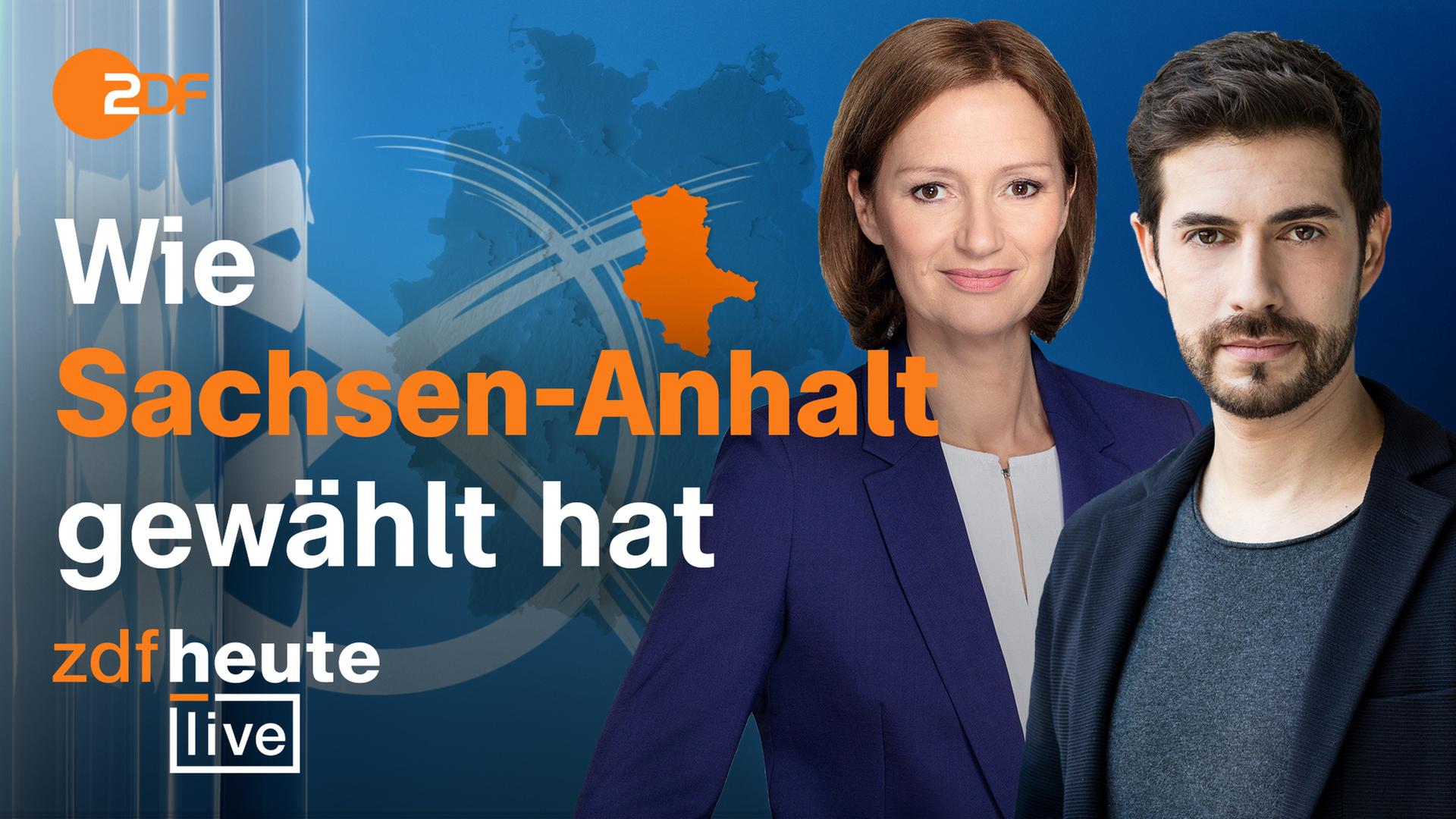 Blauer Hintergrund, darauf eine Deutschlandkarte, wo Sachsen-Anhalt orange hervorgehoben ist. Auf der linken Seite großer Wahlstempel. ZDFheutelive Moderatoren Daniel Bröckerhoff und Luisa Houben auf der rechten Seite. Oben links ZDF-Logo, unten links ZDFheute live Logo. Schriftzug "Wie Sachsen-Anhalt gewählt hat". 