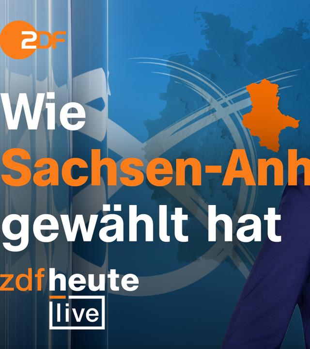 Blauer Hintergrund, darauf eine Deutschlandkarte, wo Sachsen-Anhalt orange hervorgehoben ist. Auf der linken Seite großer Wahlstempel. ZDFheutelive Moderatoren Daniel Bröckerhoff und Luisa Houben auf der rechten Seite. Oben links ZDF-Logo, unten links ZDFheute live Logo. Schriftzug "Wie Sachsen-Anhalt gewählt hat". 