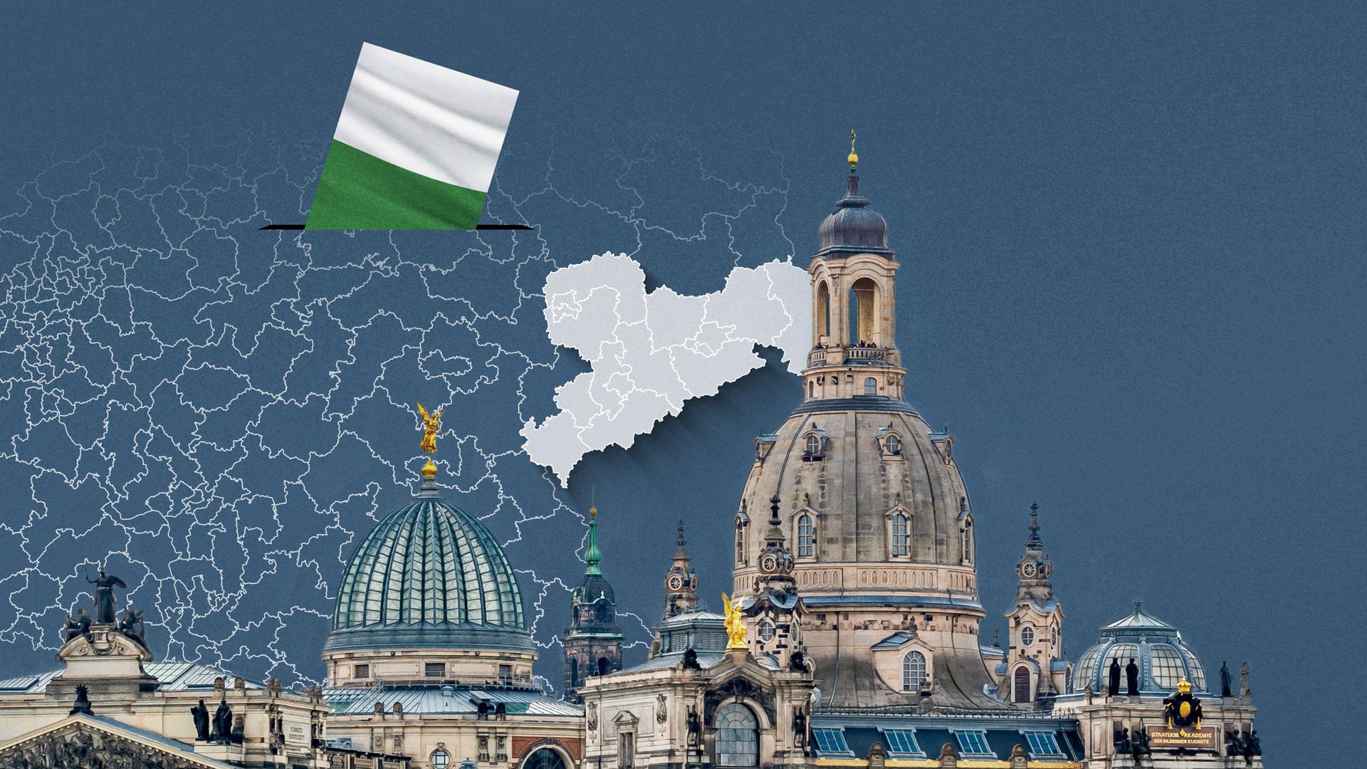Foto von der Frauenkirche in Dresden, davor eine Wahlkreis-Karte von Sachsen und die Flagge 
