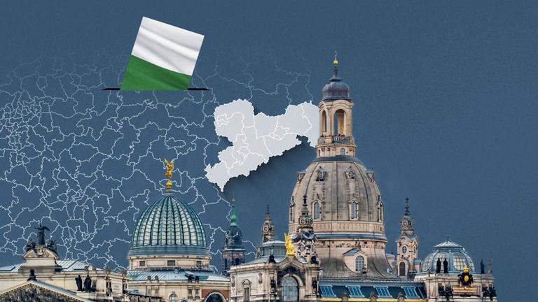 Foto von der Frauenkirche in Dresden, davor eine Wahlkreis-Karte von Sachsen und die Flagge 