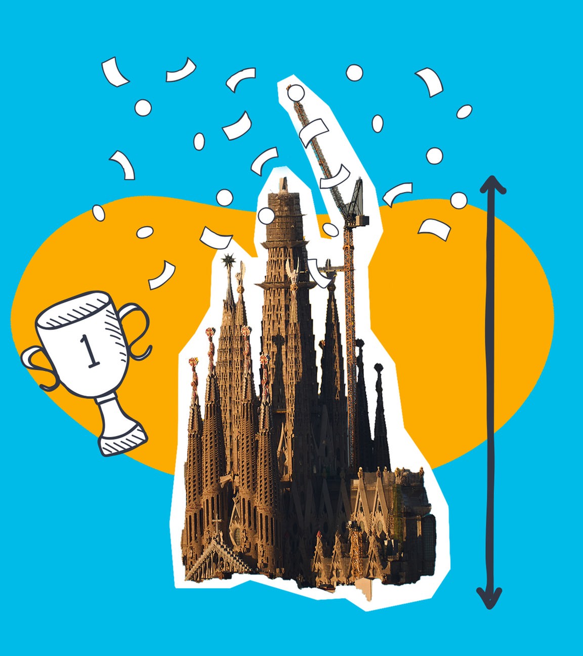 Auf dem Bild ist die spanische Kirche Sagrada Familia zu erkennen. Rechts neben ihr ist ein schwarzer Pfeil der ihre Höhe misst. Über ihr ist weißes Konfetti und links neben ihr ist ein Pokal mit einer eins drauf.