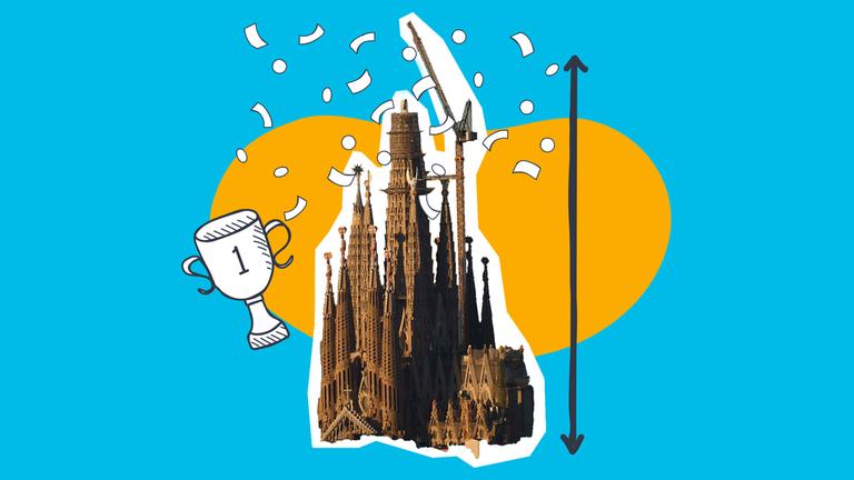 Auf dem Bild ist die spanische Kirche Sagrada Familia zu erkennen. Rechts neben ihr ist ein schwarzer Pfeil der ihre Höhe misst. Über ihr ist weißes Konfetti und links neben ihr ist ein Pokal mit einer eins drauf.