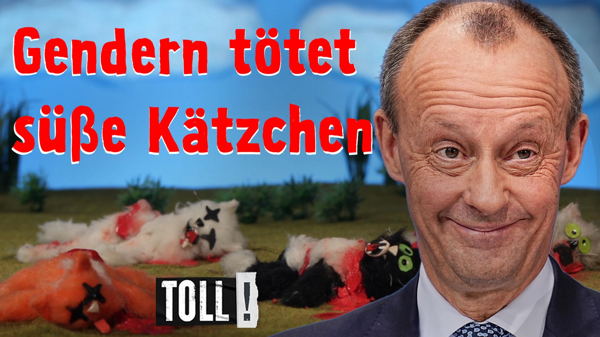 Porträt von Friedrich Merz im Hintergrund Stoffkätzchen - Überschrift "Gendern tötet süße Kätzchen"
