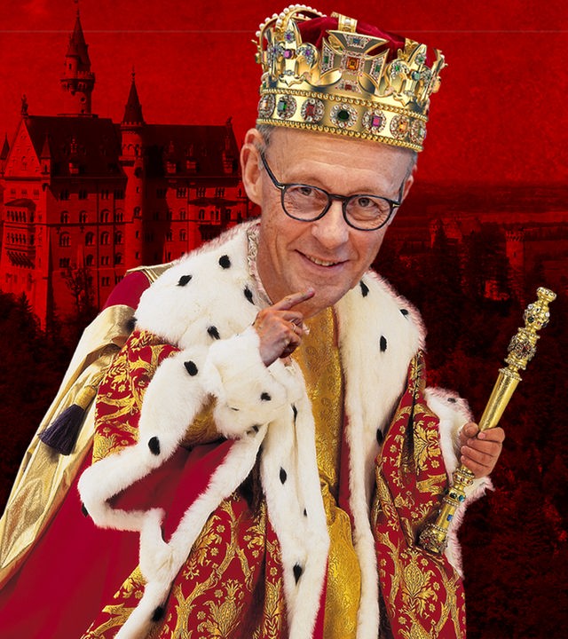 Montage: König Griedrich Merz mit Krone und Zepter; Text in Sprechblase: Heute ein Kanzler!