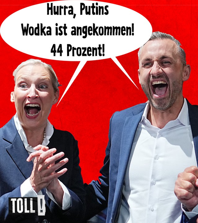Alice Weidel, Ulrich Siegmund und Tino Chrupalla jubeln nach der Wahl in Sachsen-Anhalt, darüber eine Sprechblase mit Text: Der Wodka von Putin ist da: 44 Prozent!