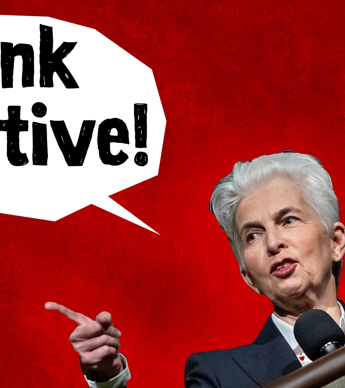 Montage: Agnes Strack-Zimmermann und Wolfgang Kubicki | Sprechblase mit Text: "Sink positive!"