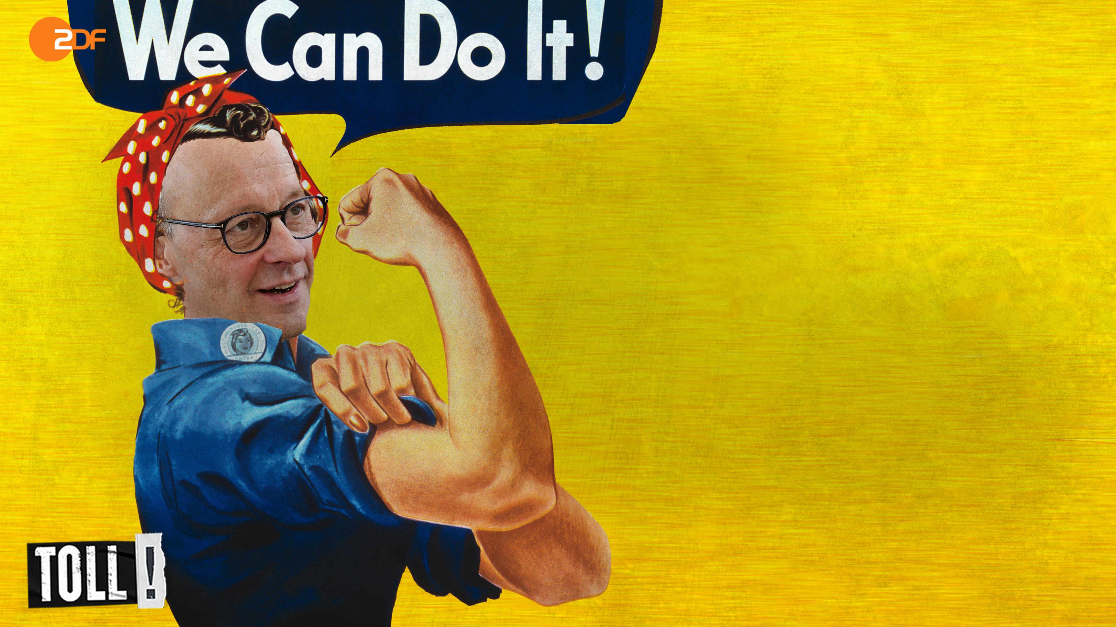 Collage: Friedrich Merz verkleidet als Powerfrau; Text: We Can Do It! 