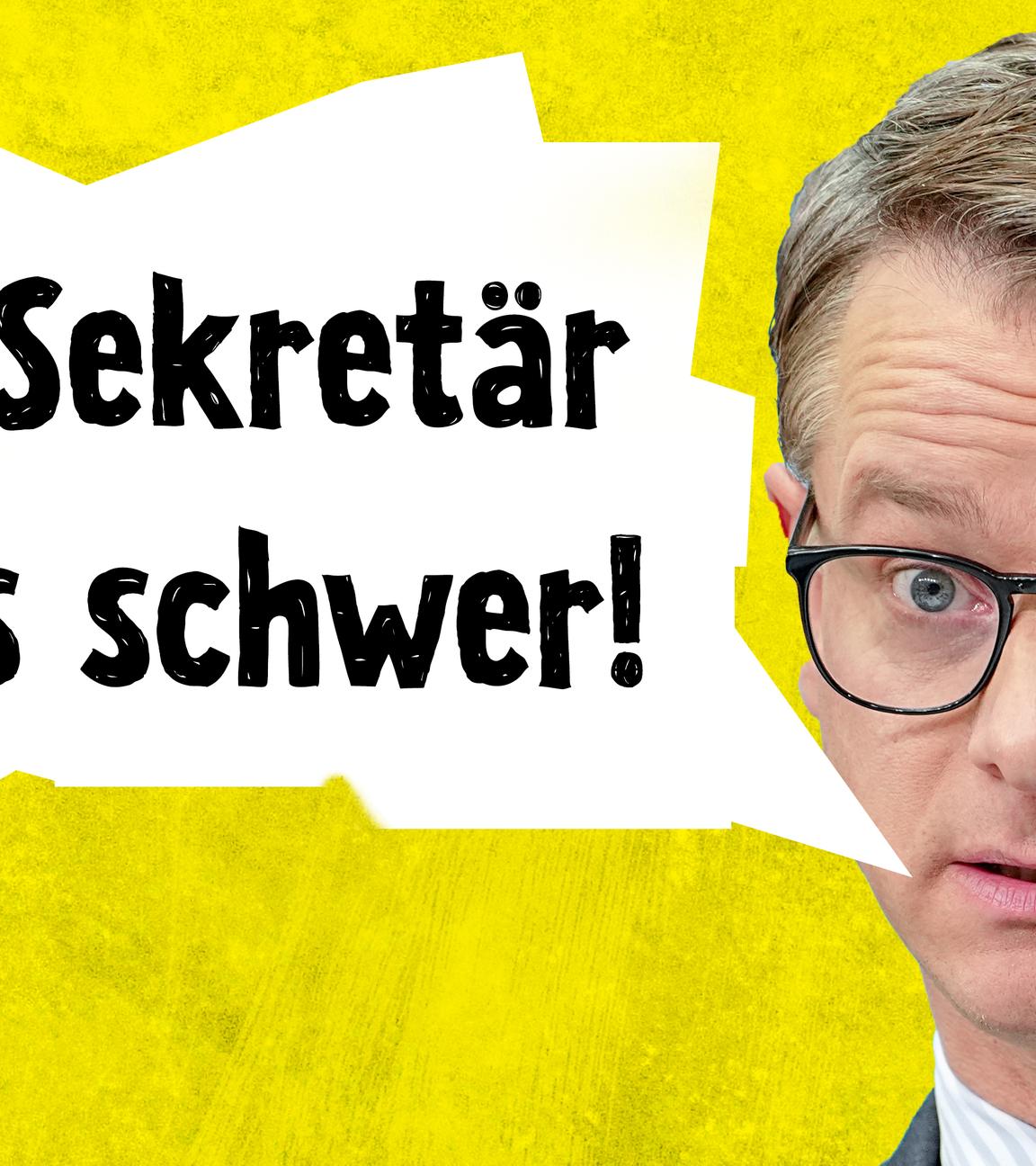 Montage: CDU-Generalsekretär Carsten Linnemann (rechts); Text in Sprechblase: Der Sekretär hat's schwer! (links)