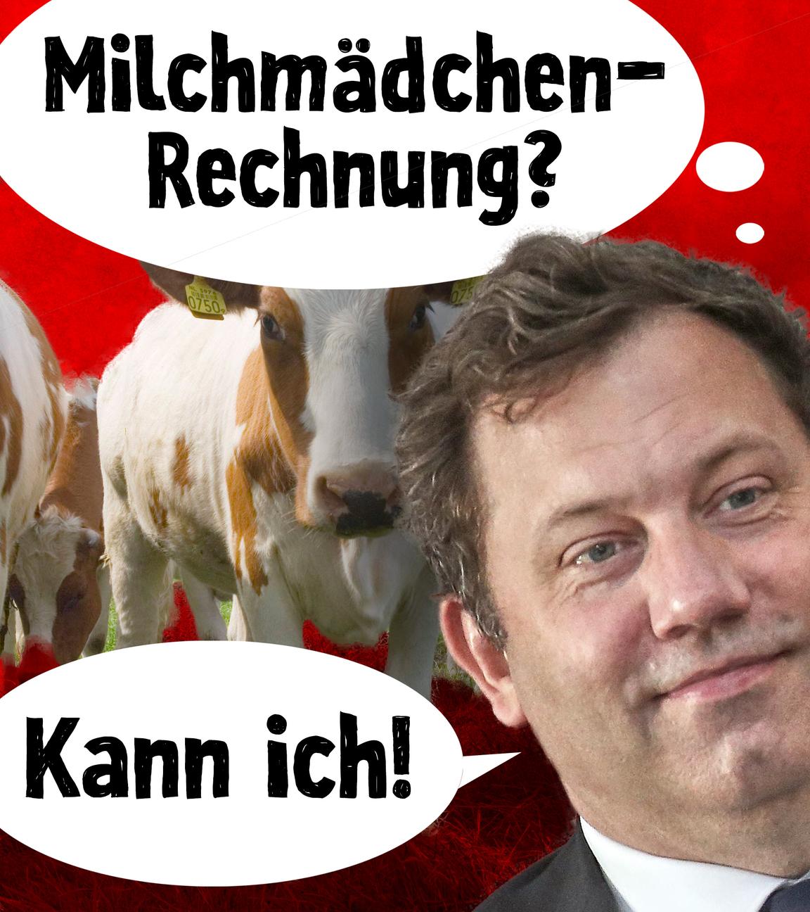 Montage: Kühe, davor Lars Klingbeil mit Sprechblasen: Milchmädchen-Rechnung?, Kann ich! 