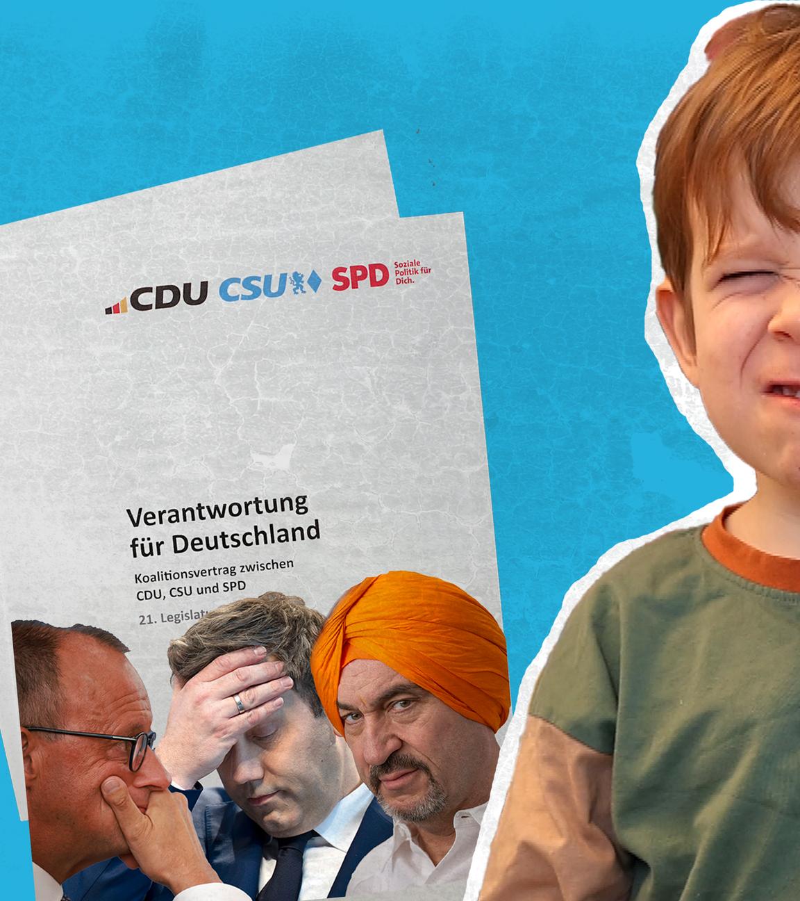 Montage: Koalitionsvertrag, Politikerköpfe (Merz, Klingbeil, Söder), Kind schneidet Grimasse