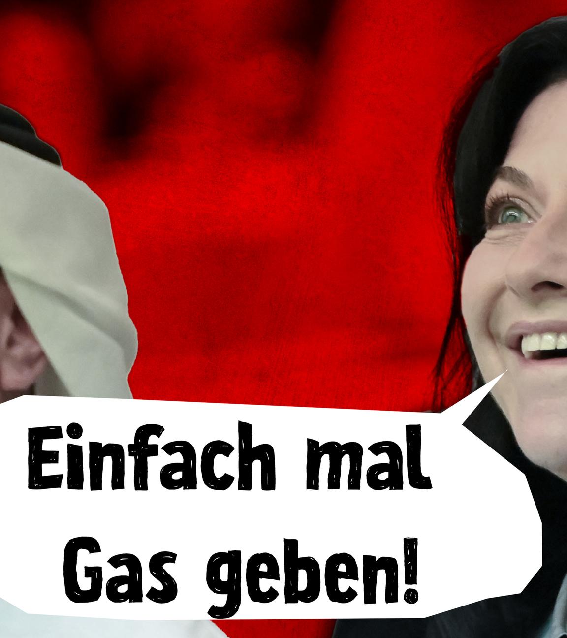 VAE-Industrieminister Sultan Ahmed Al Jabar und Katherina Reiche mit Sprechblase: Einfach mal Gas geben!