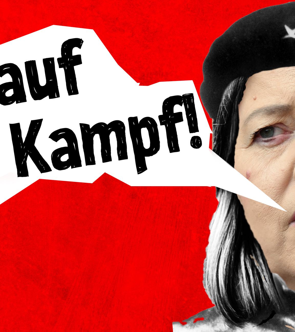 Montage: Bärbel Bas mit Che Guevara-Barett und Sprechblase: Auf, auf zum Kampf!