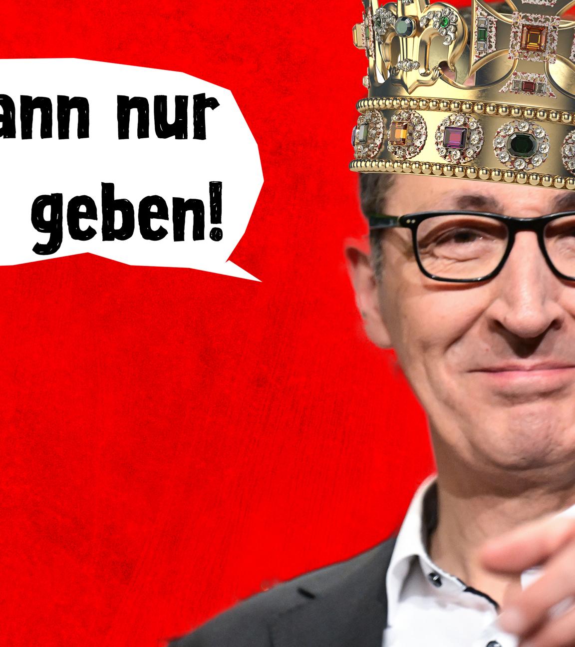 Montage: Cem Özdemir mit Krone | Sprechblase mit Text: Es kann nur einen geben!