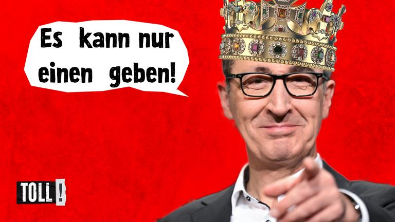 Montage: Cem Özdemir mit Krone | Sprechblase mit Text: Es kann nur einen geben!