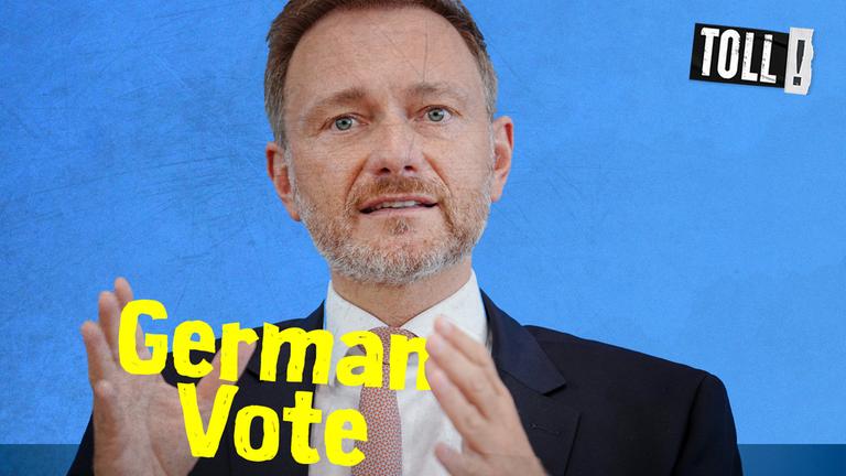 Christian Lindner (FDP) hält zwischen den Händen die Worte: "German Vote"