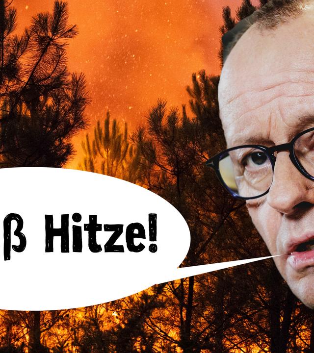 Vordergrund: Kopf von Friedrich Merz mit Sprechblase: Scheiß Hitze! | Hintergrund: brennender Wald