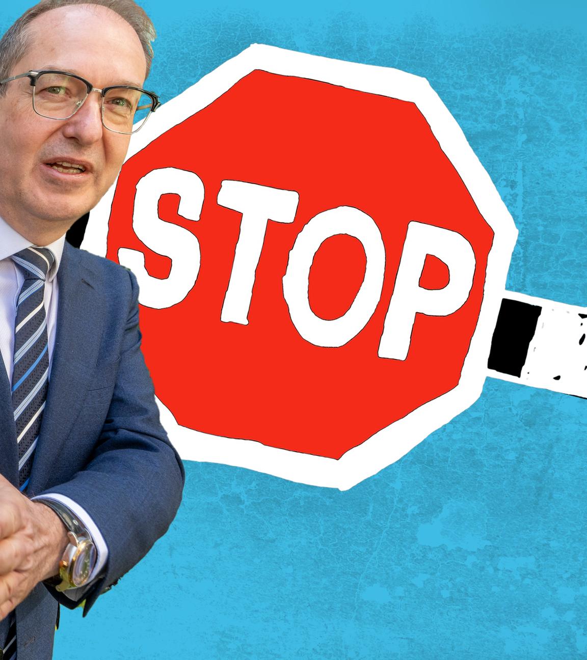 Montage: Alexander Dobrindt vor einer Schranke mit Stoppschild