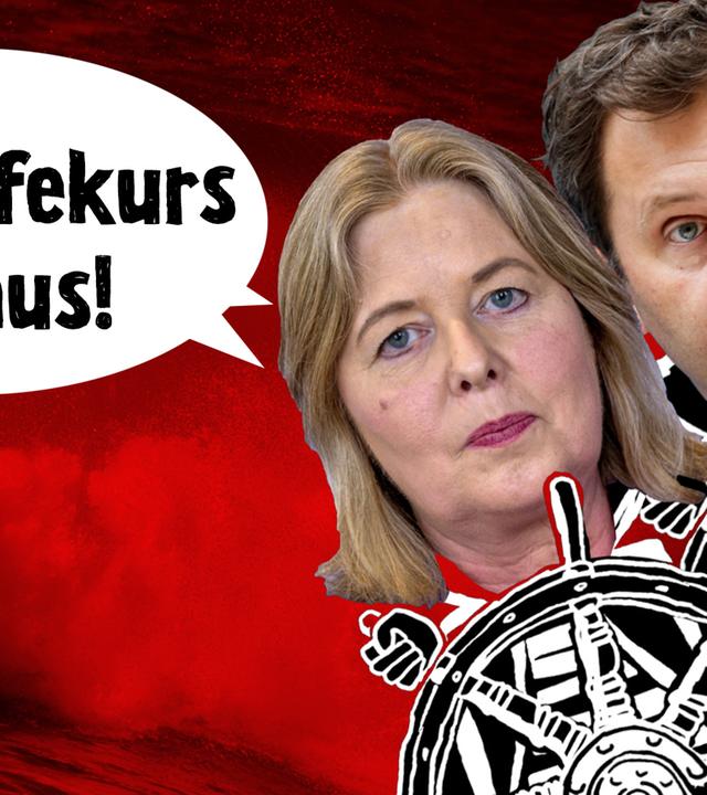 Die SPD-Vorsitzenden Bärbel Bas und Lars Klingbeil jeweils hinter einem Steuerrad mit Sprechblase: Nachhilfekurs voraus!