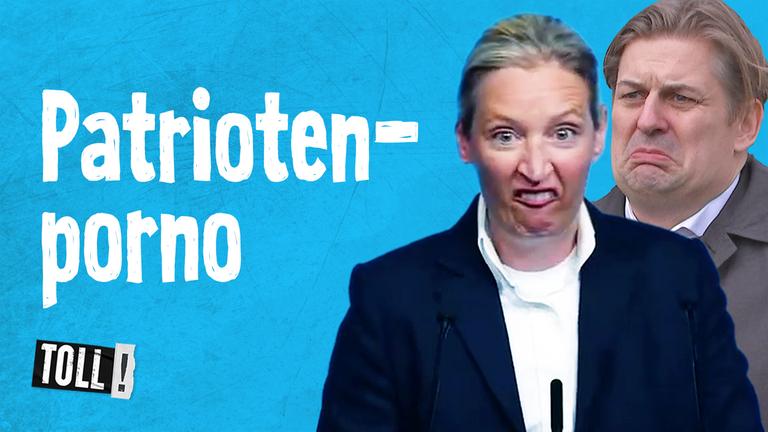 Alice Weidel und Maximilia Krah mit verzwerrtem Gesicht; Text: Patriotenporno