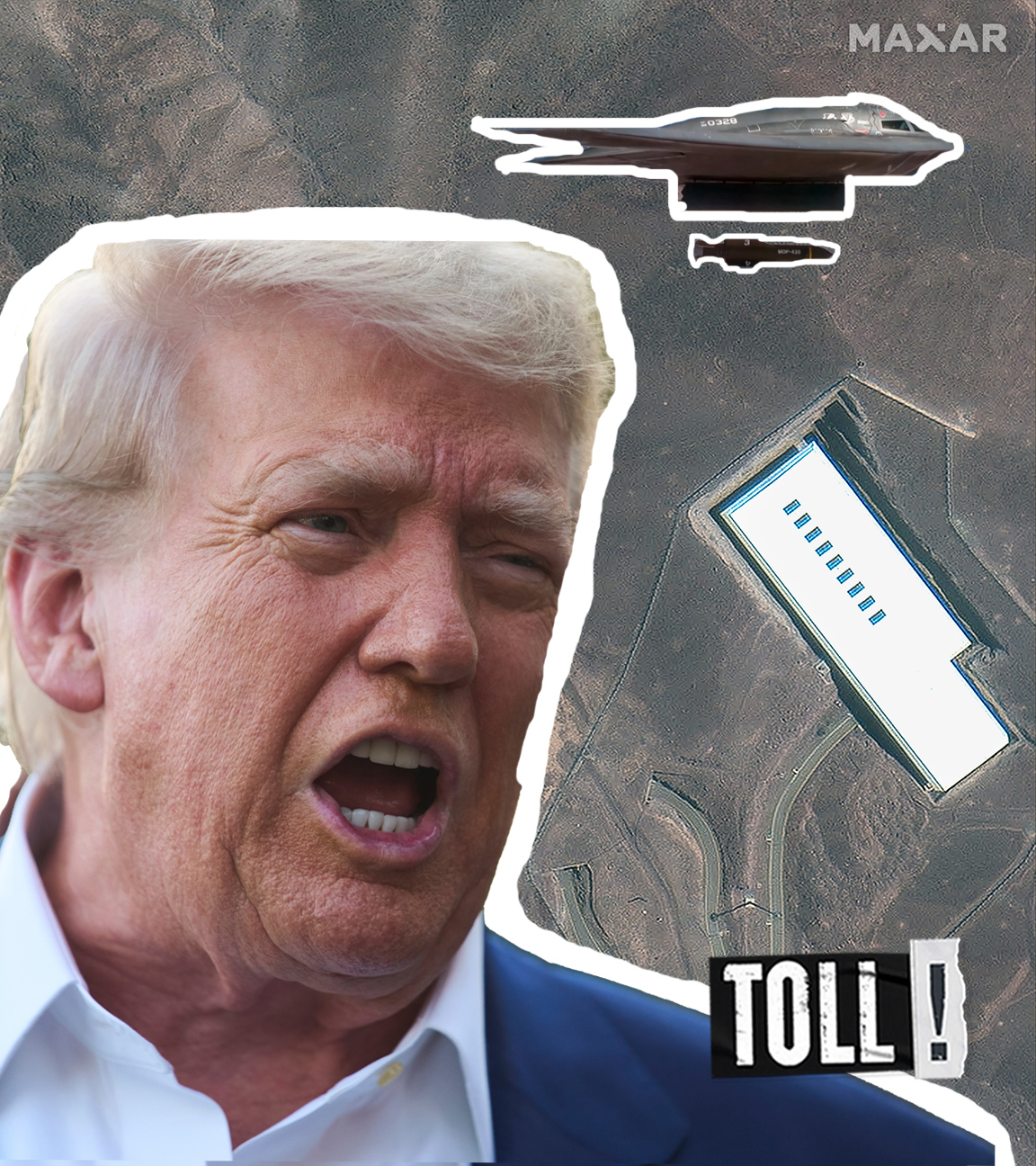 Montage: Donald Trump, Bomber, iranischee Atomanlagen Fordo