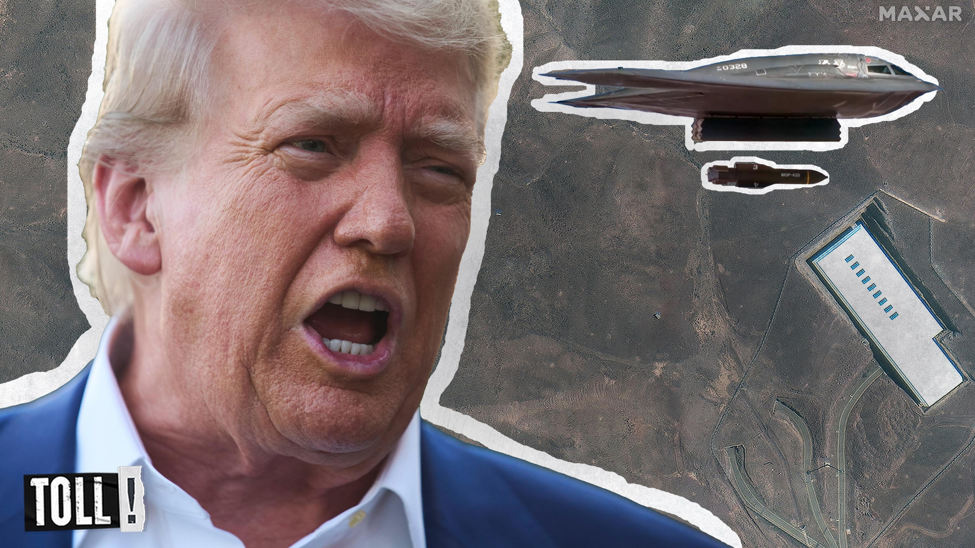 Montage: Donald Trump, Bomber, iranischee Atomanlagen Fordo
