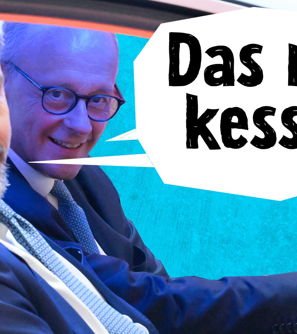 Markus Söder und Friedrich Merz hinter dem Lenkrad eines Autos; Text in Sprechblase: Das muss kesseln!