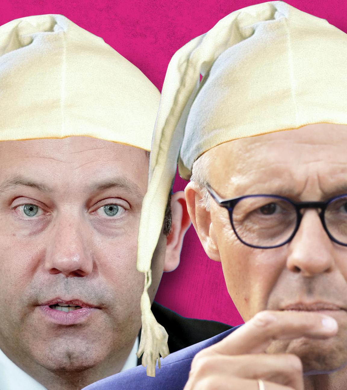 Vizekanzler Lars Klingbeil (SPD) und Kanzler Friedrich Merz (CDU) mit Schlafmütze