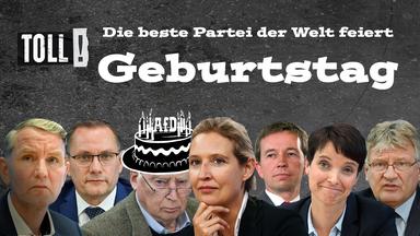 Bildmontage: AfD-Politiker Höcke, Chrupalla, Gauland (mit Torte auf dem Kopf), Weidel, Lucke, Petry, Meuthen (v.l.); Text: Die beste Partei der Welt feiert Geburtstag