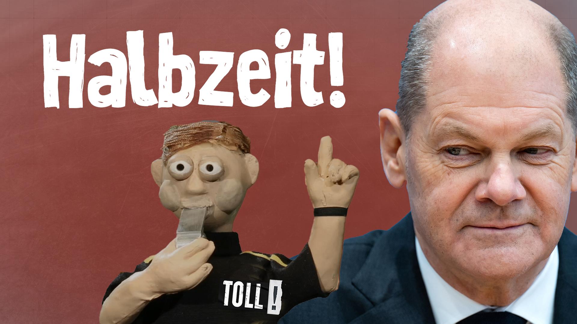 Schiedsrichter-Knetmännchen pfeift zur Halbzeit und Olaf Scholz