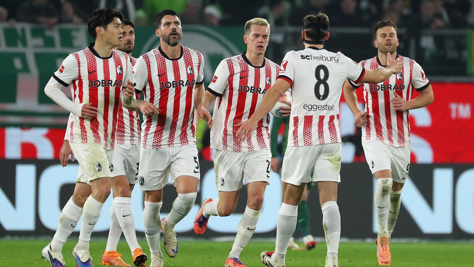 Die Spieler des SC Freiburg jubeln zusammen nach dem Tor von Matthias Ginter zum 3:3 in der Bundesligapartie gegen den VfL Wolfsburg 