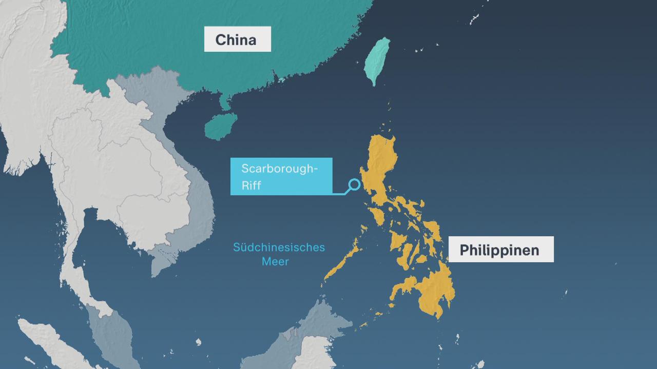 Eine Grafik zeigt die Lage des Scarborough Riff, der Phillipinen, Chinas und des südchinesischen Meeres.