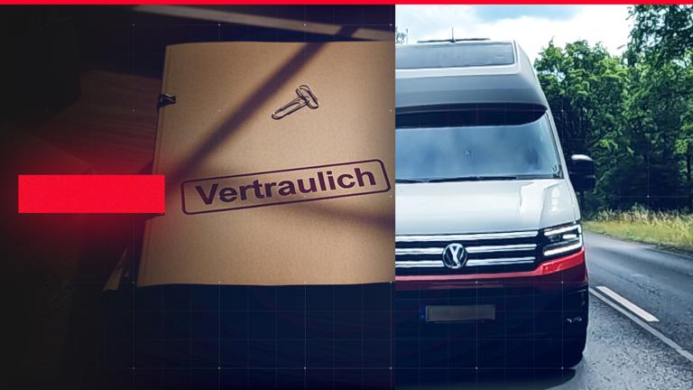 Links im Bild: Briefumschlag mit der Aufschrift "Vertraulich" - rechts im Bild: VW-Camper
