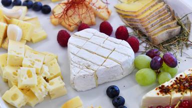 Eine Käseplatte mit Camembert in der Mitte und weiteren Käsesorten außen.