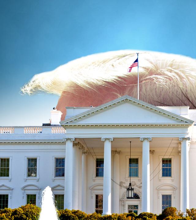 Weißes Haus mit einer Haartolle von Donald Trump darüber