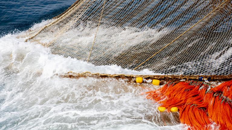 Ein Schleppnetz wird durch Meerwasser gezogen. Drum herum schäumt weiße Gischt.