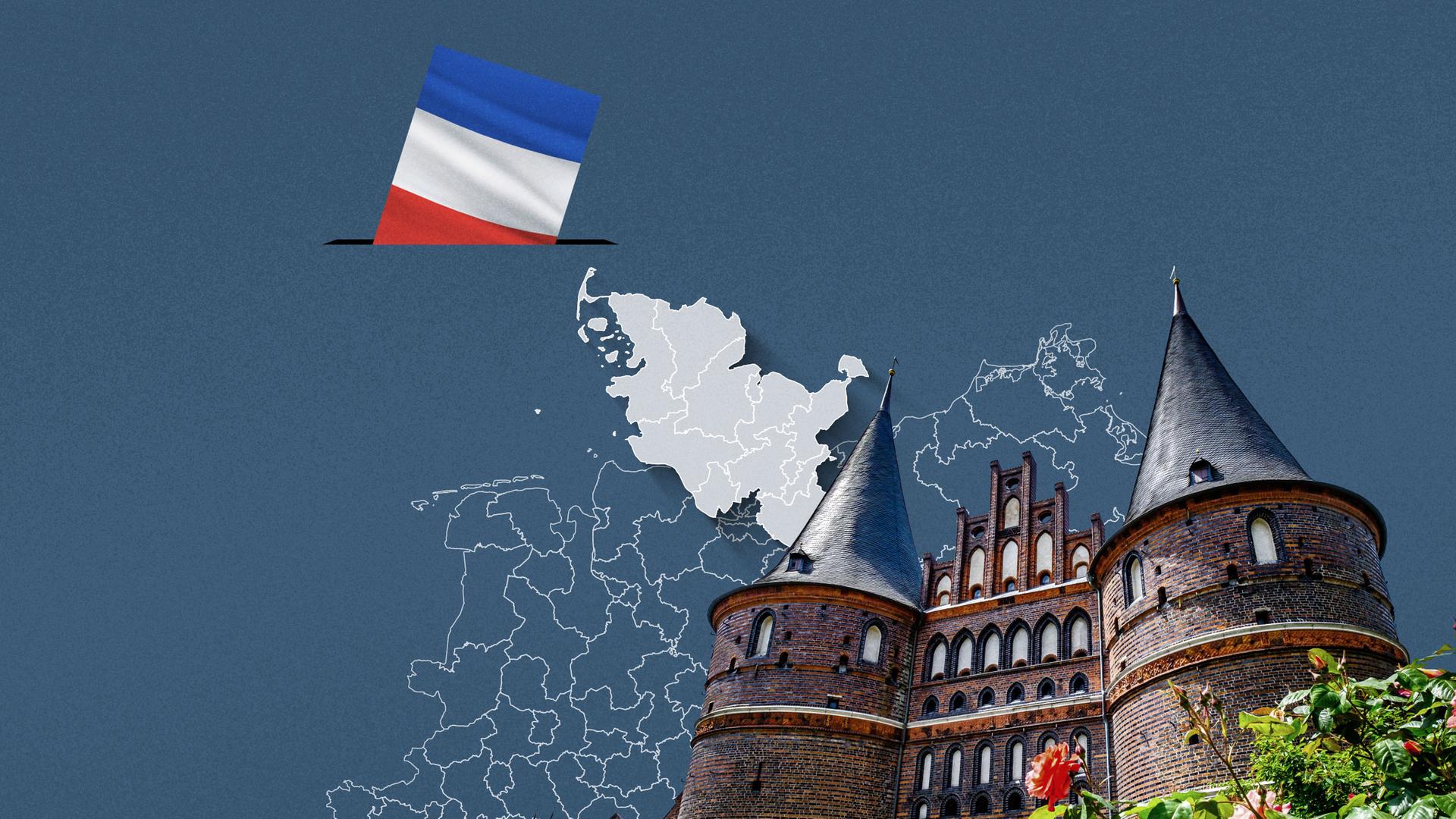 Foto vom Holstentor, davor eine Wahlkreis-Karte von Schleswig-Holstein und die Flagge 