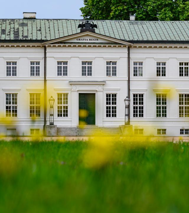 Die weitläufige Schlossanlage von Schloss Neuhardenberg erstreckt sich mit ihrem zentralen Hauptgebäude hinter einer Rasenfläche.