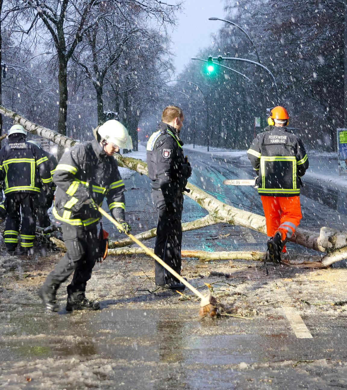 Hamburg: Einsatzkräfte räumen bei Schneefall einen größeren Baum von der für den Verkehr gesperrten Alsterkrugchaussee.