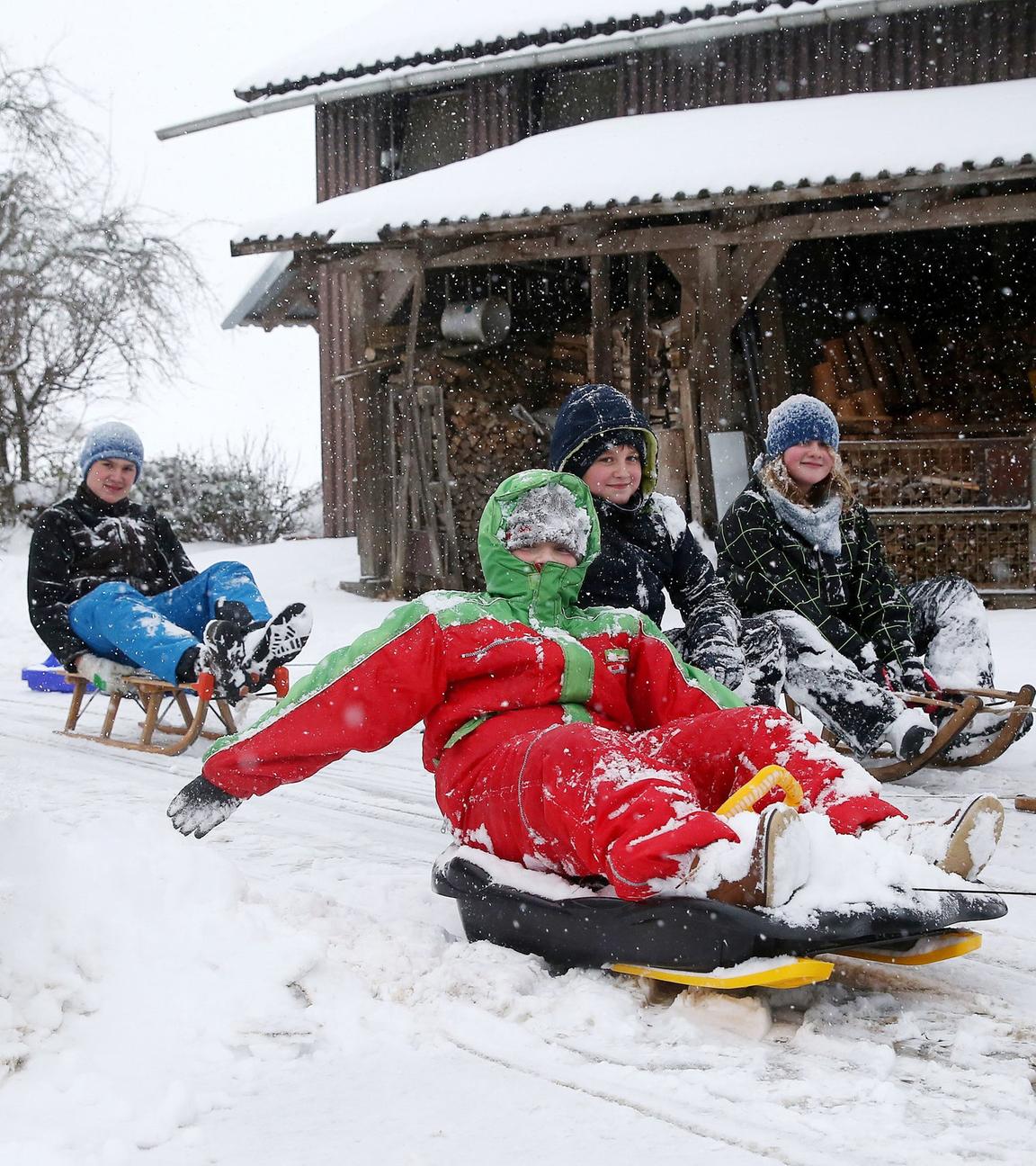 Ein Hund und mehrere Kinder mit ihren Schlitten sind am 10.12.2017 bei Unlingen-Möhringen im Schnee unterwegs