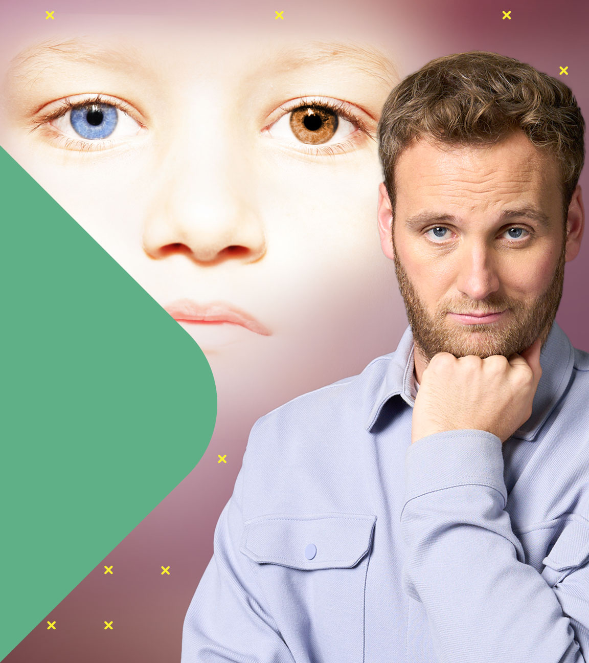 Leon Windscheid steht am rechten Bildrand, stützt seinen Kopf auf seine linke Faust und blickt nachdenklich in die Kamera. Im Hintergrund erkennt man ein Kinderauge, das halb blau, halb braun gefärbt ist.