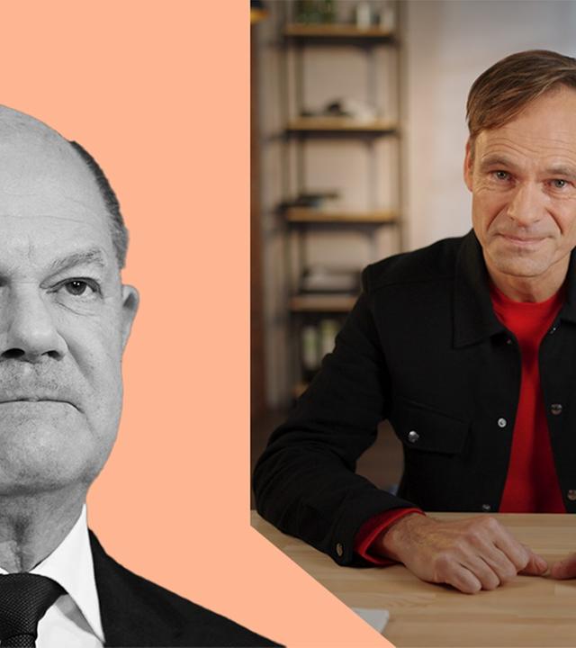 Kanzler Scholz kopfgroß links im Bild und ZDF-Korrespondent Wulf Schmiese rechts im Bild am Schreibtisch sitzend