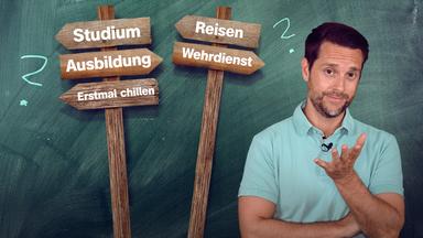 Mirko Drotschmann vor Wegweisern mit den Aufschriften "Studium", "Ausbildung", "Wehrdienst" und "Reisen".