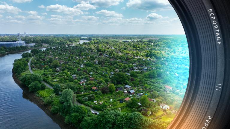 Luftaufnahme Schrebergärten an der Weser in Bremen.