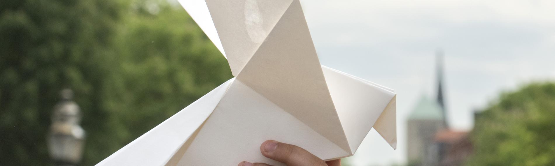 Mit einer Friedenstaube aus Papier nimmt ein Schüler an einer Kundgebung unter dem Motto «Ein Schritt Richtung Frieden» teil.