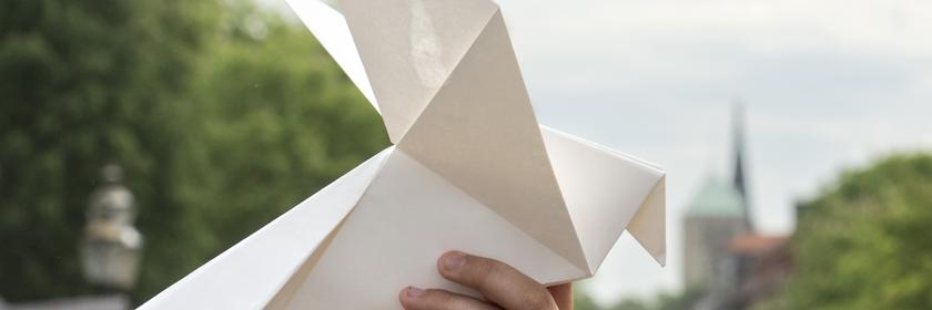 Mit einer Friedenstaube aus Papier nimmt ein Schüler an einer Kundgebung unter dem Motto «Ein Schritt Richtung Frieden» teil.