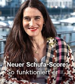 Eine Frau schaut in die Kamera, unten eine Texteinblendung: "Das steckt hinter dem neuen Schufa-Score"