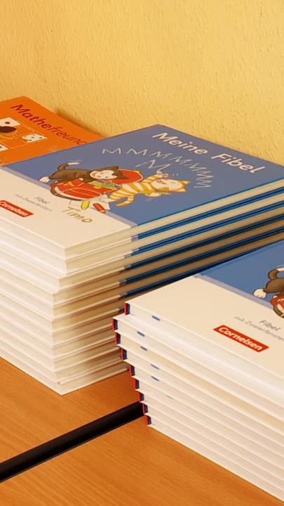 Auf einem Tisch liegen vier Stapel Schulbücher.